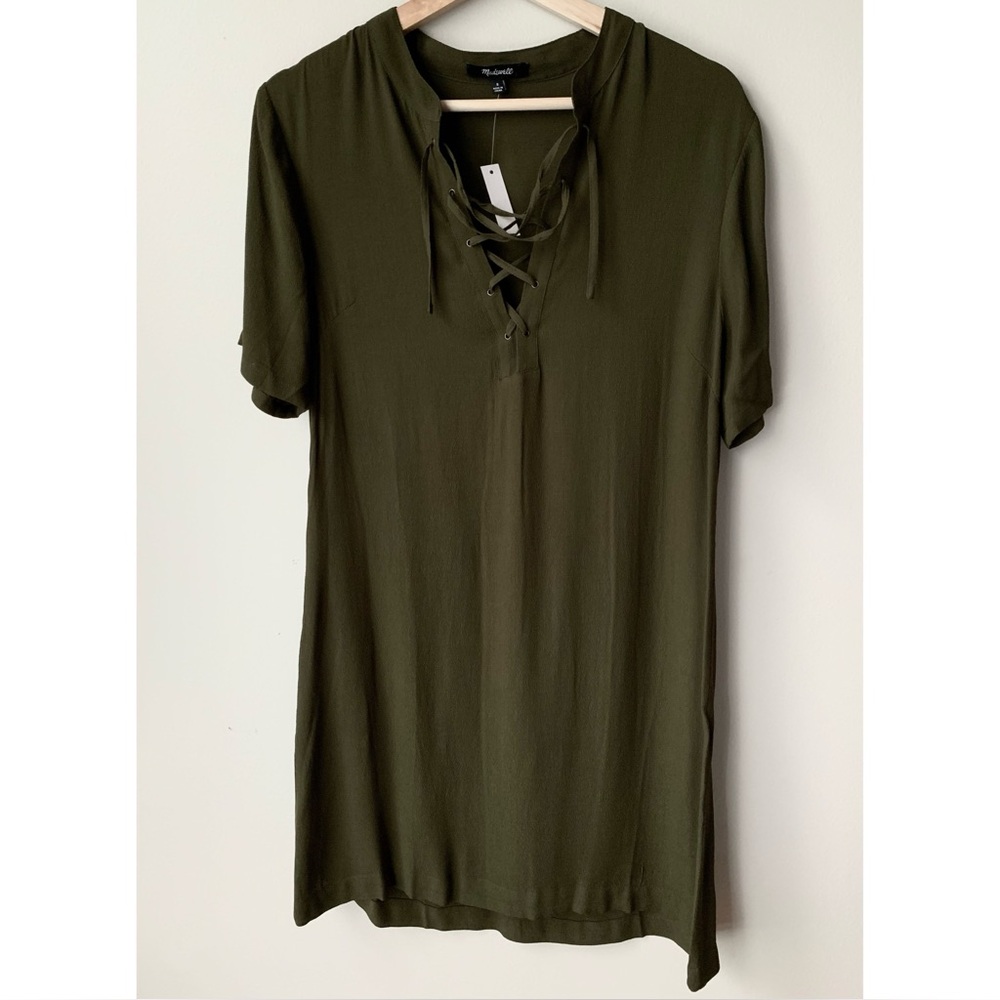 Madewell • S • Olive Green Lace-Up Neckline Short Sleeve Dress